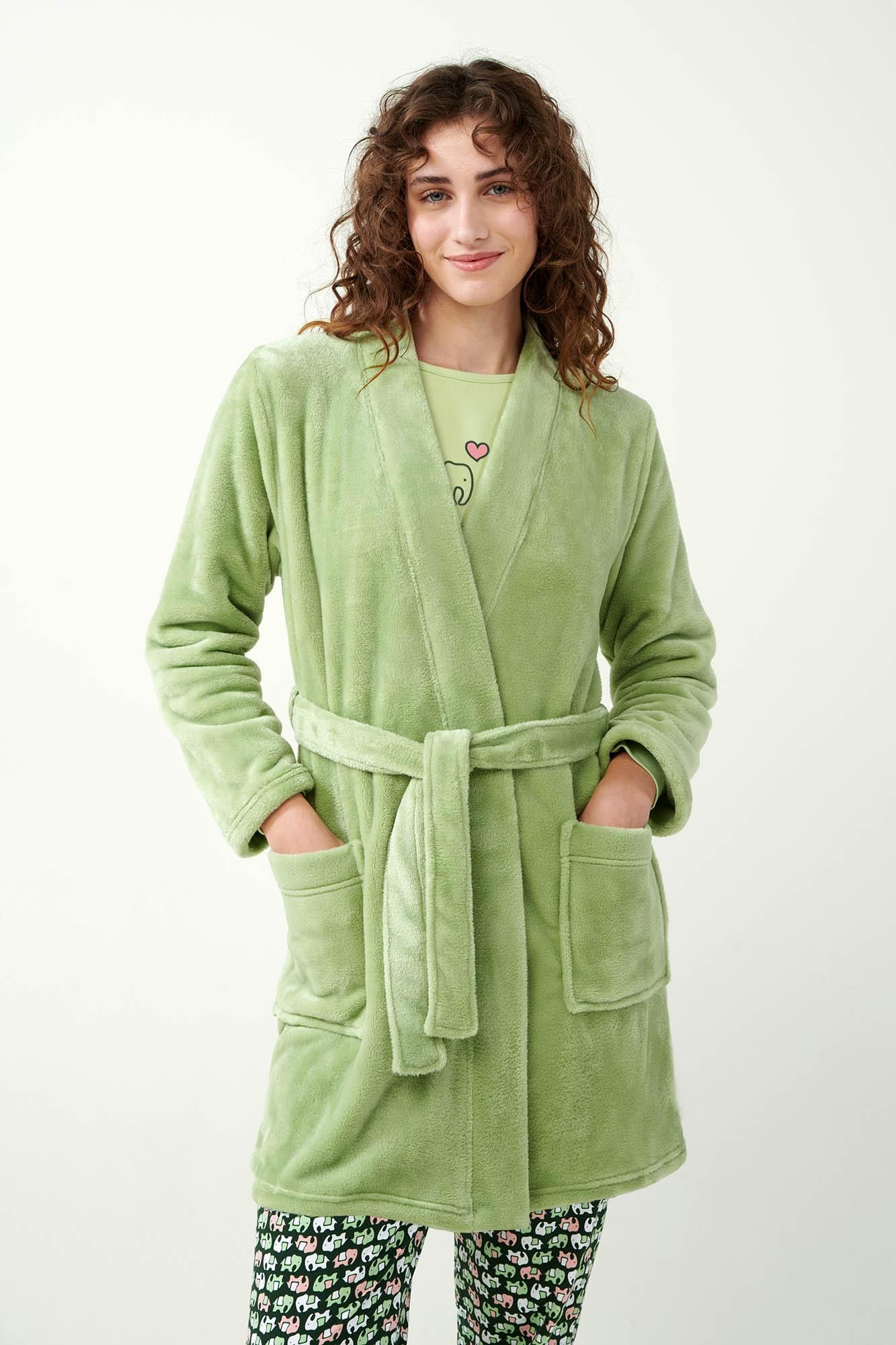 21333 816 VAMP ΓΥΝ. ΡΟΜΠΑ χρώμα: GREEN FOAM  Μονόχρωμη Σταυρωτή Fleece Ρόμπα