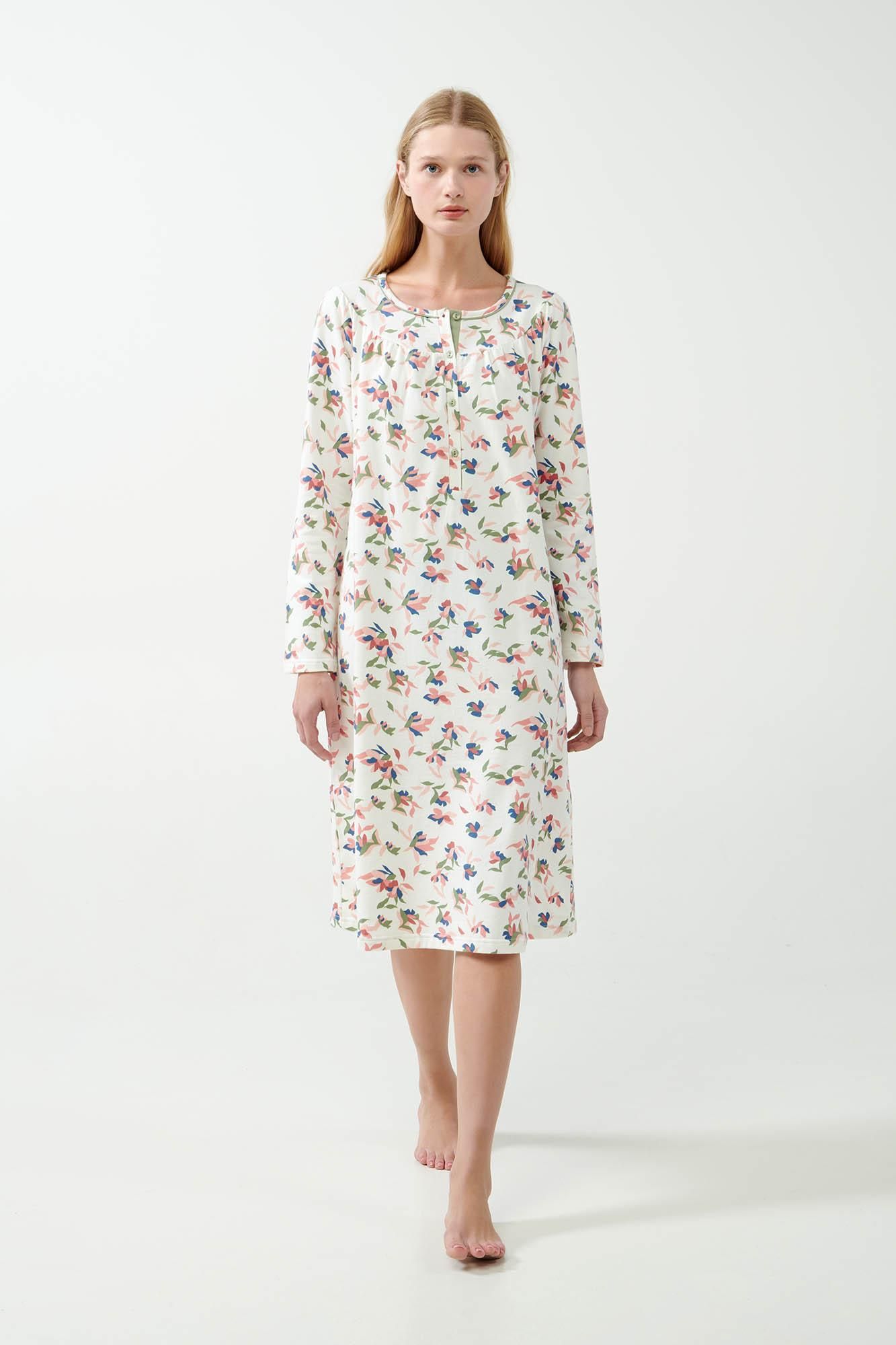 21353 640 VAMP ΓΥΝ. ΝΥΧΤΙΚΟ 100% BAMBAKI  χρώμα:GREEN TEA Μακρύ Φλοράλ Νυχτικό Με Πατιλέτα