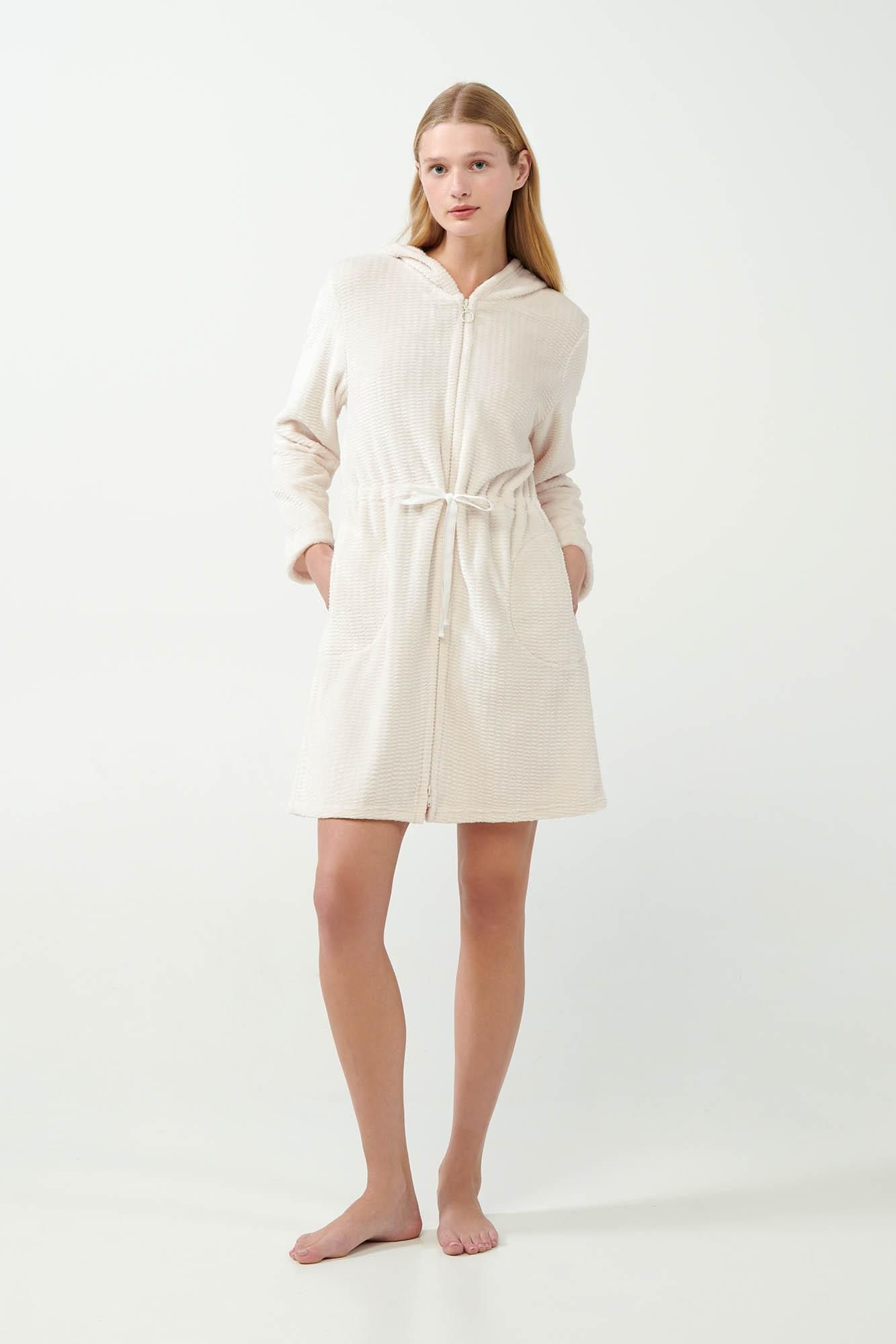 21360 113 VAMP ΓΥΝ. ΡΟΜΠΑ χρώμα: BEIGE SKIN  Υπόλευκη Fleece Ρόμπα με Φερμουάρ και κουκούλα