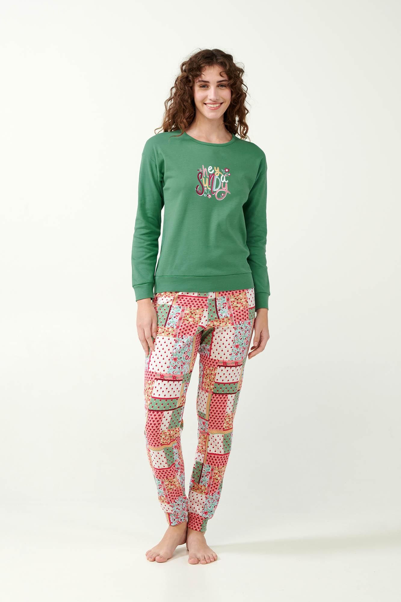 21374 820 VAMP ΓΥΝ. ΠΥΤΖΑΜΑ 100% ΒΑΜΒΑΚΙ χρώμα: GREEN BARLEY  Πυτζάμα Interlock με Vintage Patchwork Μοτίβο