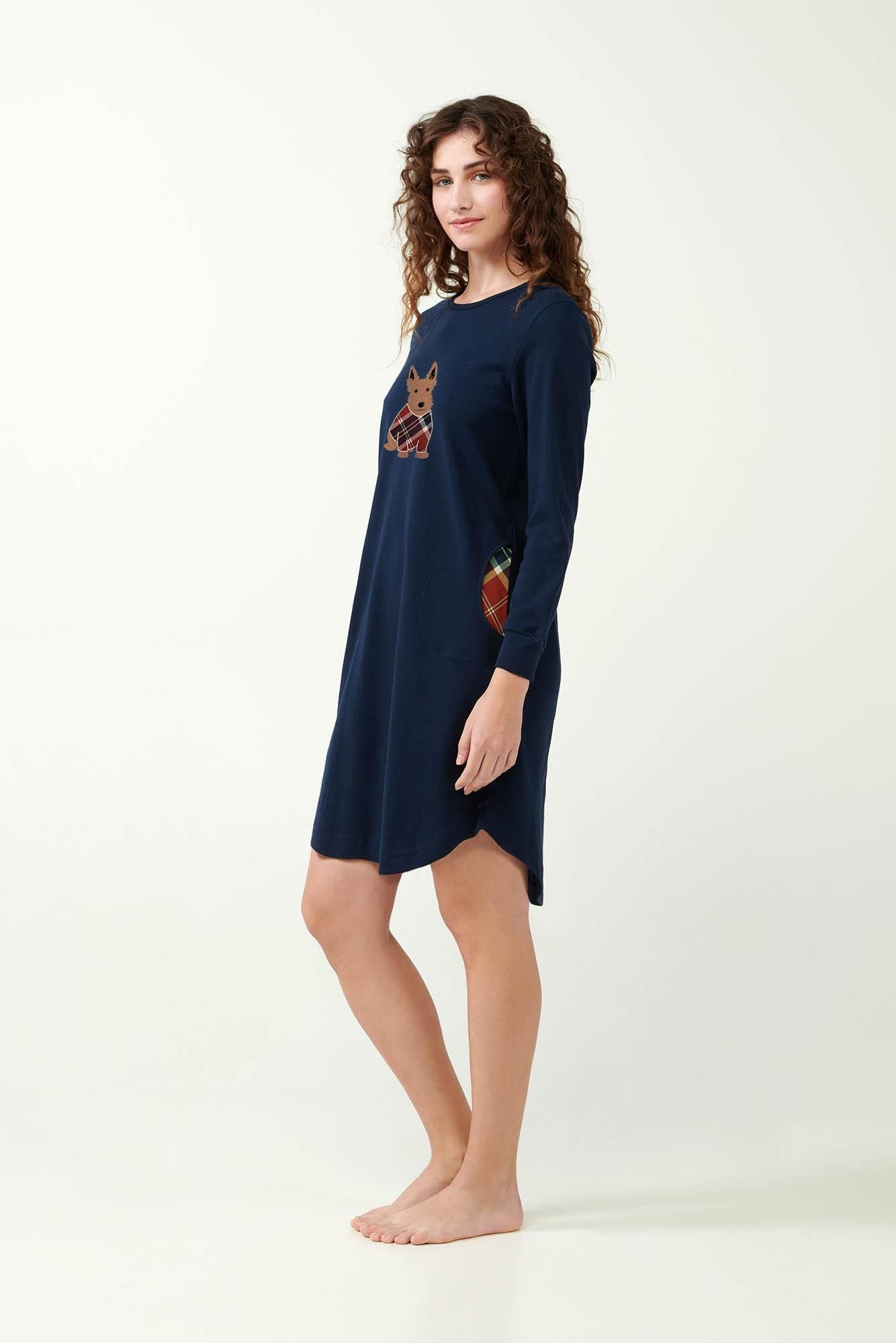 21512 180 VAMP ΓΥΝ. ΝΥΧΤΙΚΟ 100% BAMBAKI χρώμα:BLUE  Νυχτικό Interlock με Τύπωμα Terrier