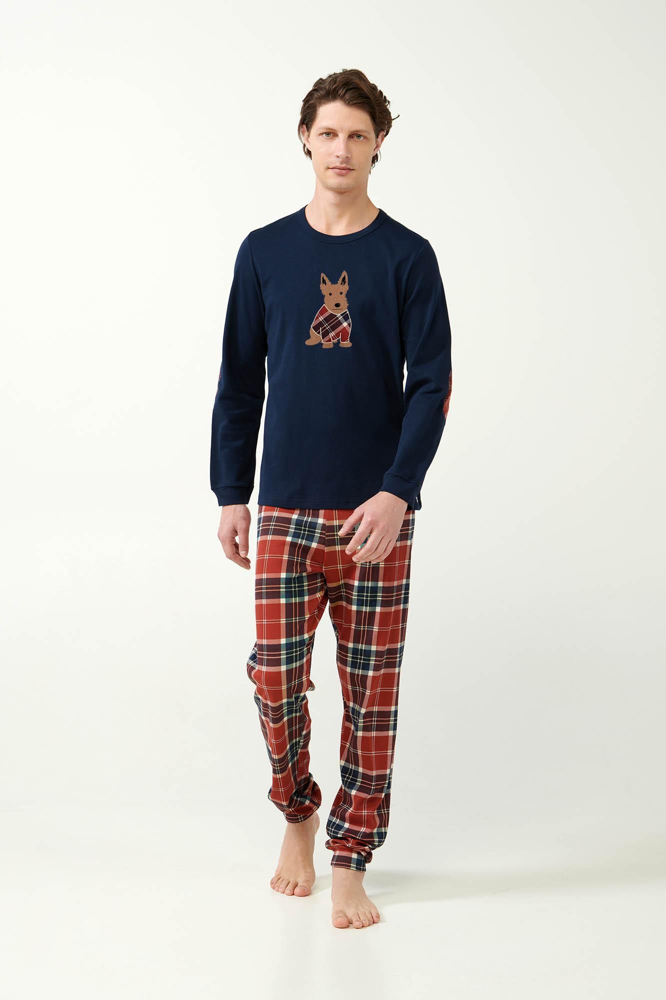 21514 180 VAMP ΑΝΔΡΙΚ. ΠΥΤΖΑΜΑ 100% BAMBAKI χρώμα:BLUE  Πυτζάμα Interlock με Ταρτάν Μοτίβο