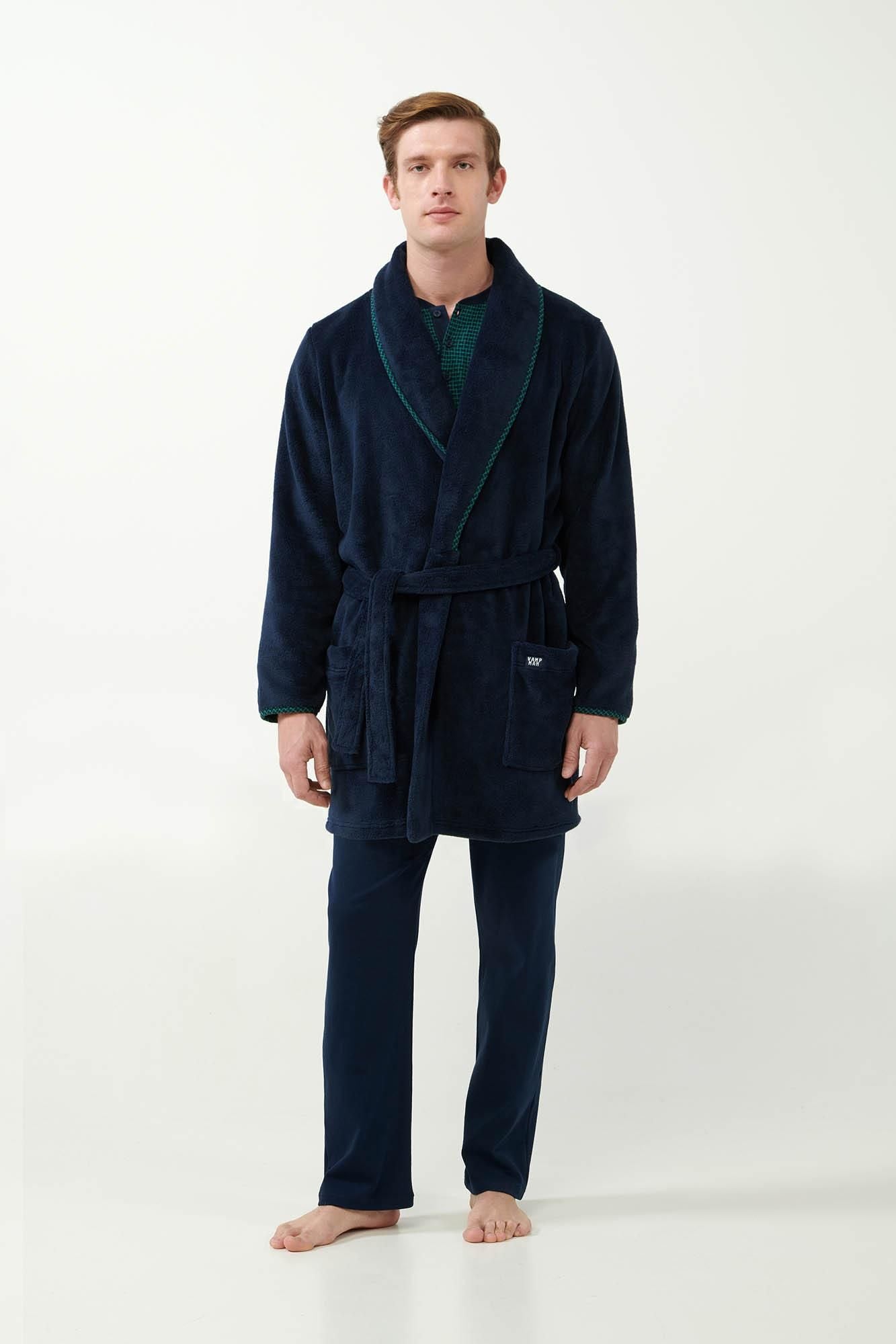 21608 180 VAMP ΑΝΔΡΙΚ. ΡΟΜΠΑ  100% ΠΟΛΥΕΣΤΕΡ χρώμα:BLUE  Μονόχρωμη Σταυρωτή Fleece Ρόμπα