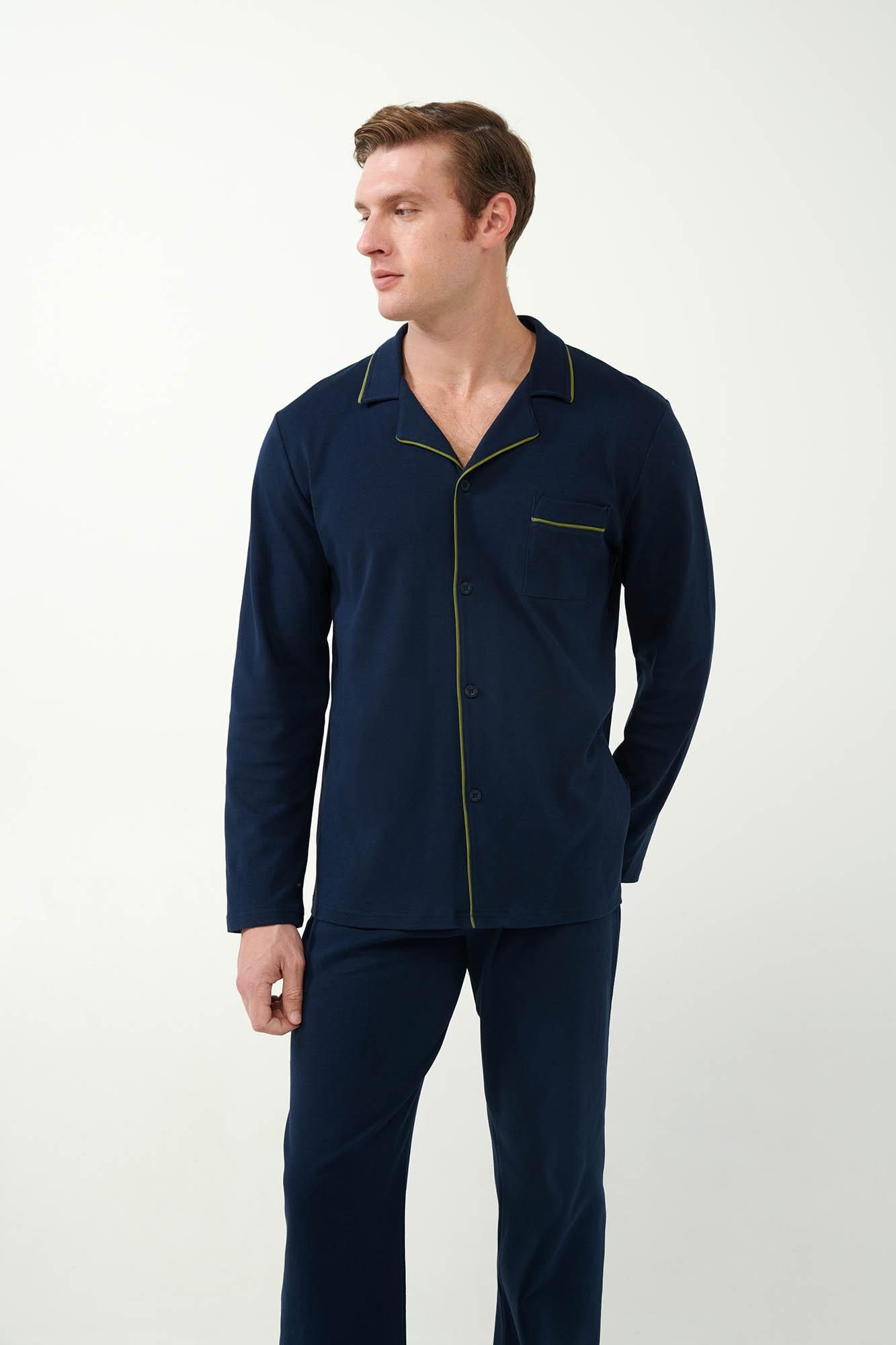 21623 180 VAMP ΑΝΔΡΙΚ. ΠΥΤΖΑΜΑ 100% BAMBAKI χρώμα:BLUE  Κουμπωτή Πυτζάμα Interlock