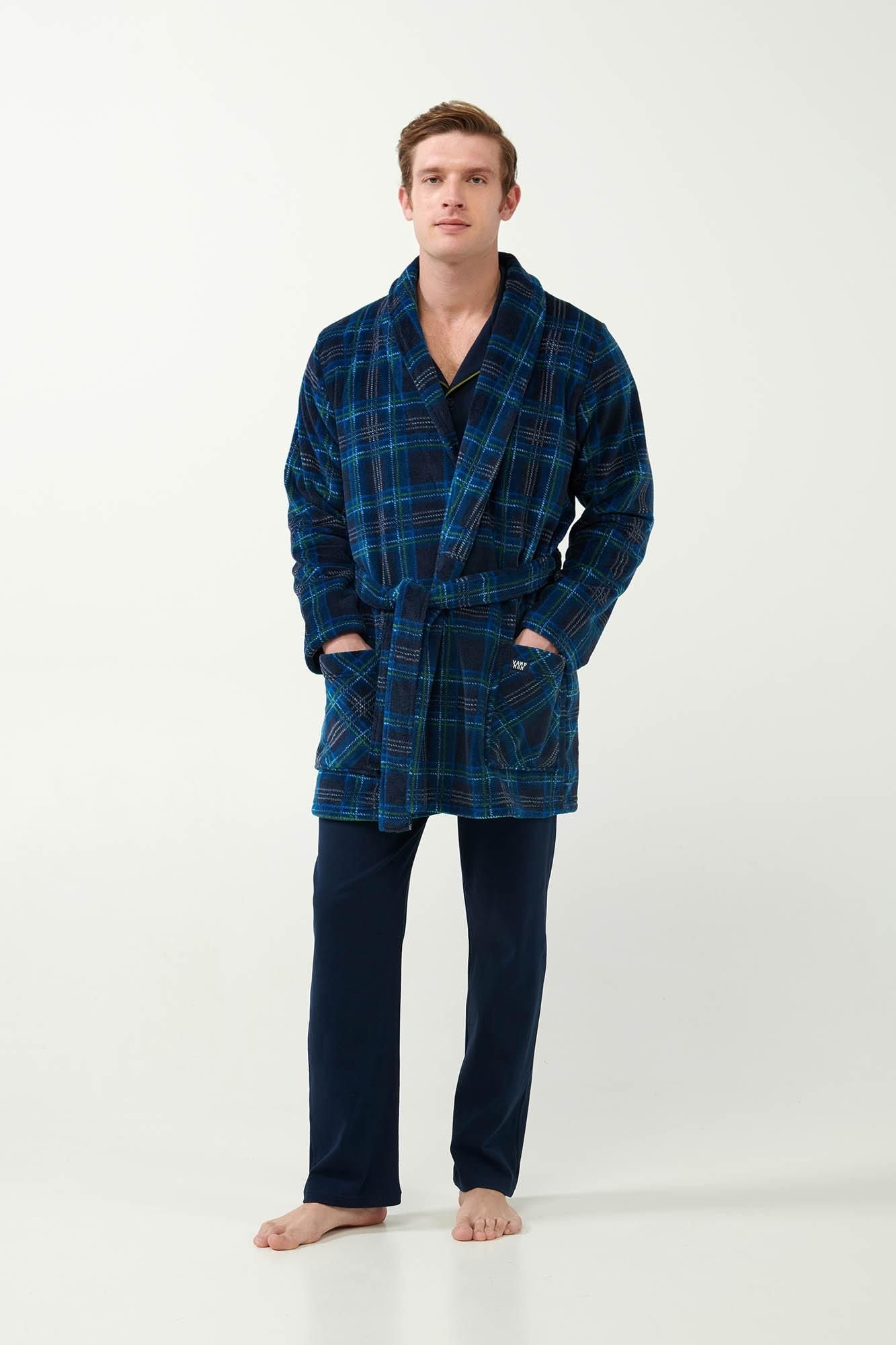 21627 180 VAMP ΑΝΔΡΙΚ. ΡΟΜΠΑ  100% ΠΟΛΥΕΣΤΕΡ χρώμα:BLUE  Σταυρωτή Fleece Ρόμπα με Ταρτάν Μοτίβο