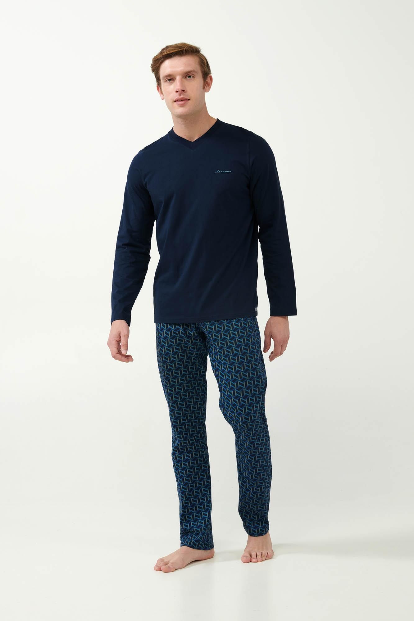 21681 180 VAMP ΑΝΔΡΙΚ. ΠΥΤΖΑΜΑ 100% BAMBAKI χρώμα:BLUE  Πυτζάμα S. Jersey με Γεωμετρικό Μοτίβο Κύβων