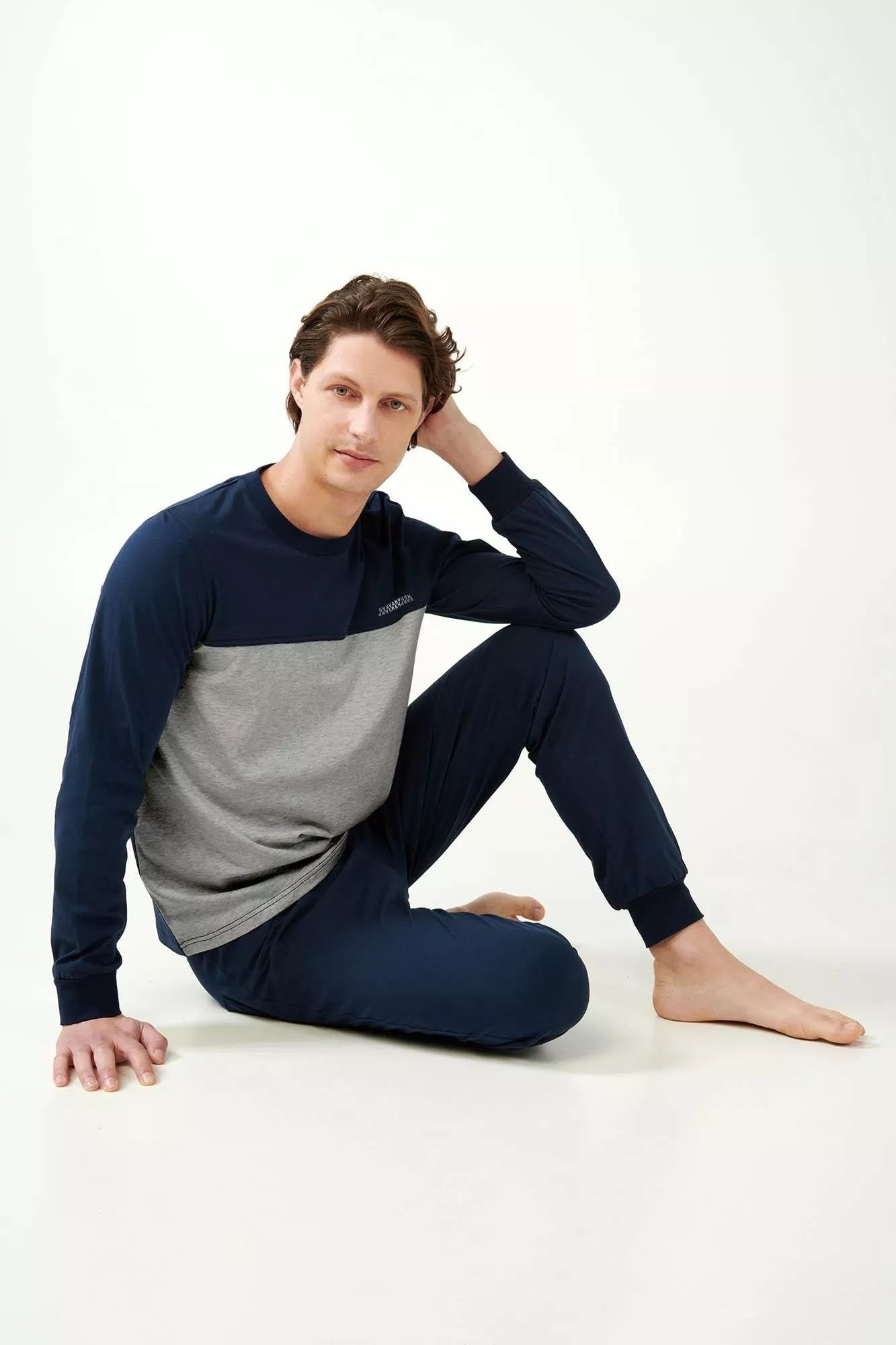 21693 180 VAMP ΑΝΔΡΙΚ. ΠΥΤΖΑΜΑ 100% BAMBAKI χρώμα:BLUE  Κουμπωτή Πυτζάμα S. Jersey με Γεωμετρικό Μοτίβο Ρόμβων