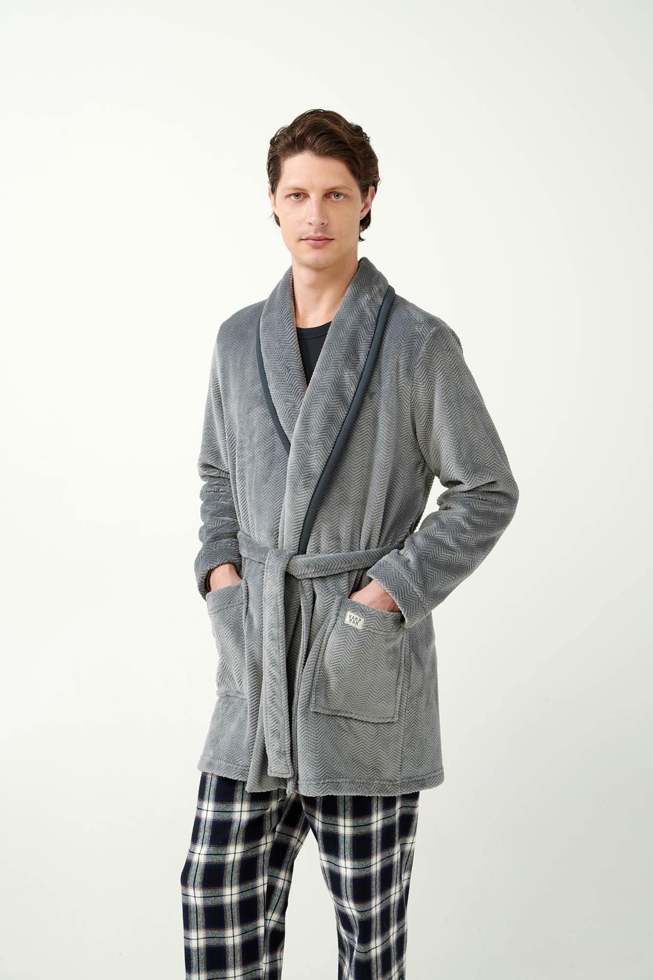 21708 104 VAMP ΑΝΔΡΙΚ. ΖΑΚΕΤΑ  100% ΠΟΛΥΕΣΤΕΡ χρώμα:GRAYΜονόχρωμη Σταυρωτή Fleece Ρόμπα