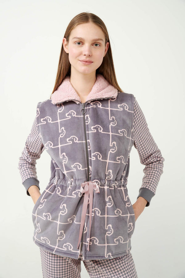 21480 8357 VAMP ΓΥΝ. ΖΑΚΕΤΑ  100% ΠΟΛΥΕΣΤΕΡ χρώμα:GRAY THUNDER  Fleece Γιλέκο με Σκύλο-Παζλ Μοτίβο